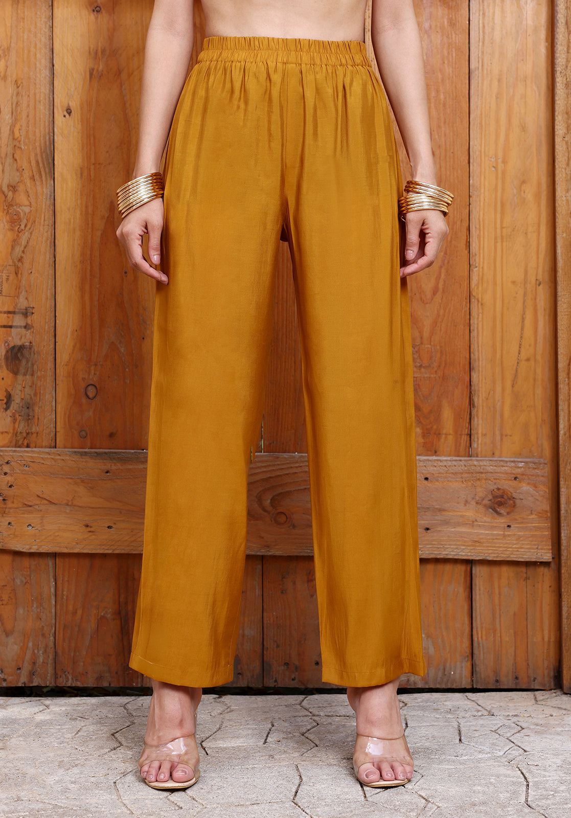 Yellow Polyblend Embroidered Kaftan Kurta with Trousers Set