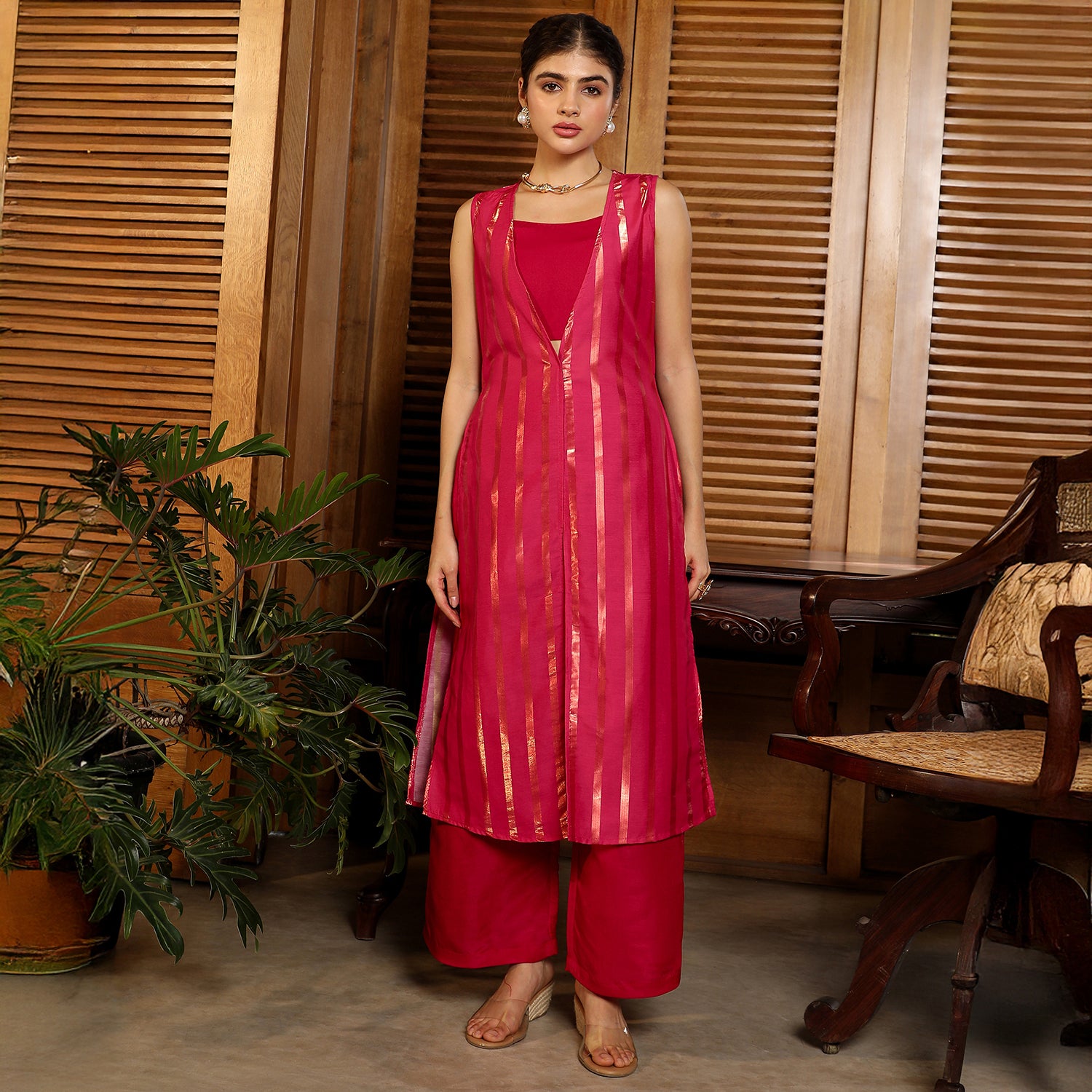 Metallic-Stripe Layered Kurta Set