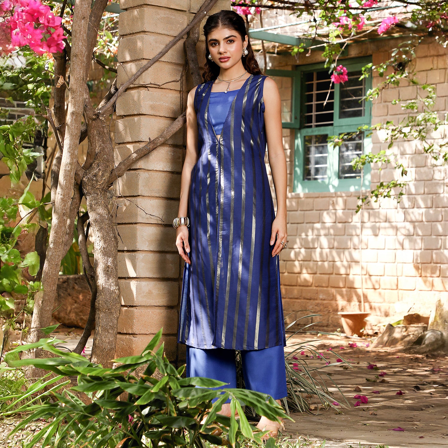 Metallic-Stripe Layered Kurta Set