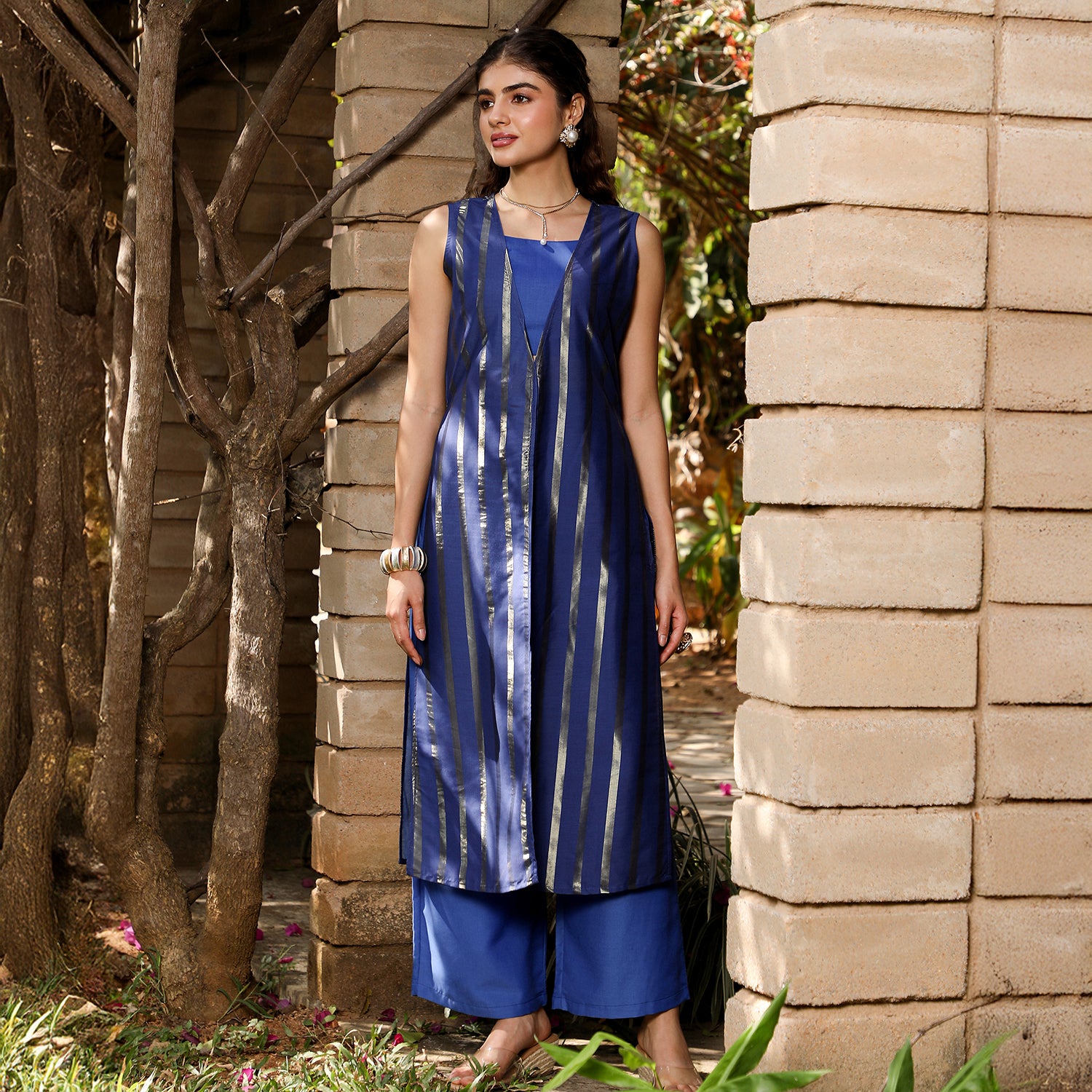 Metallic-Stripe Layered Kurta Set