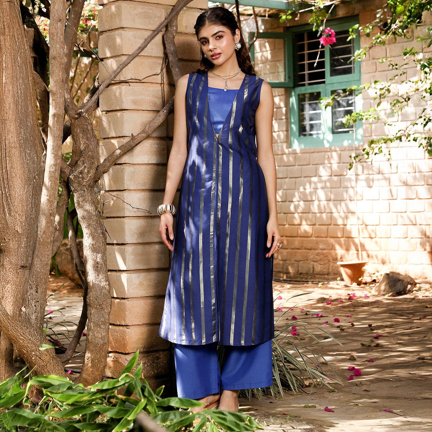 Metallic-Stripe Layered Kurta Set