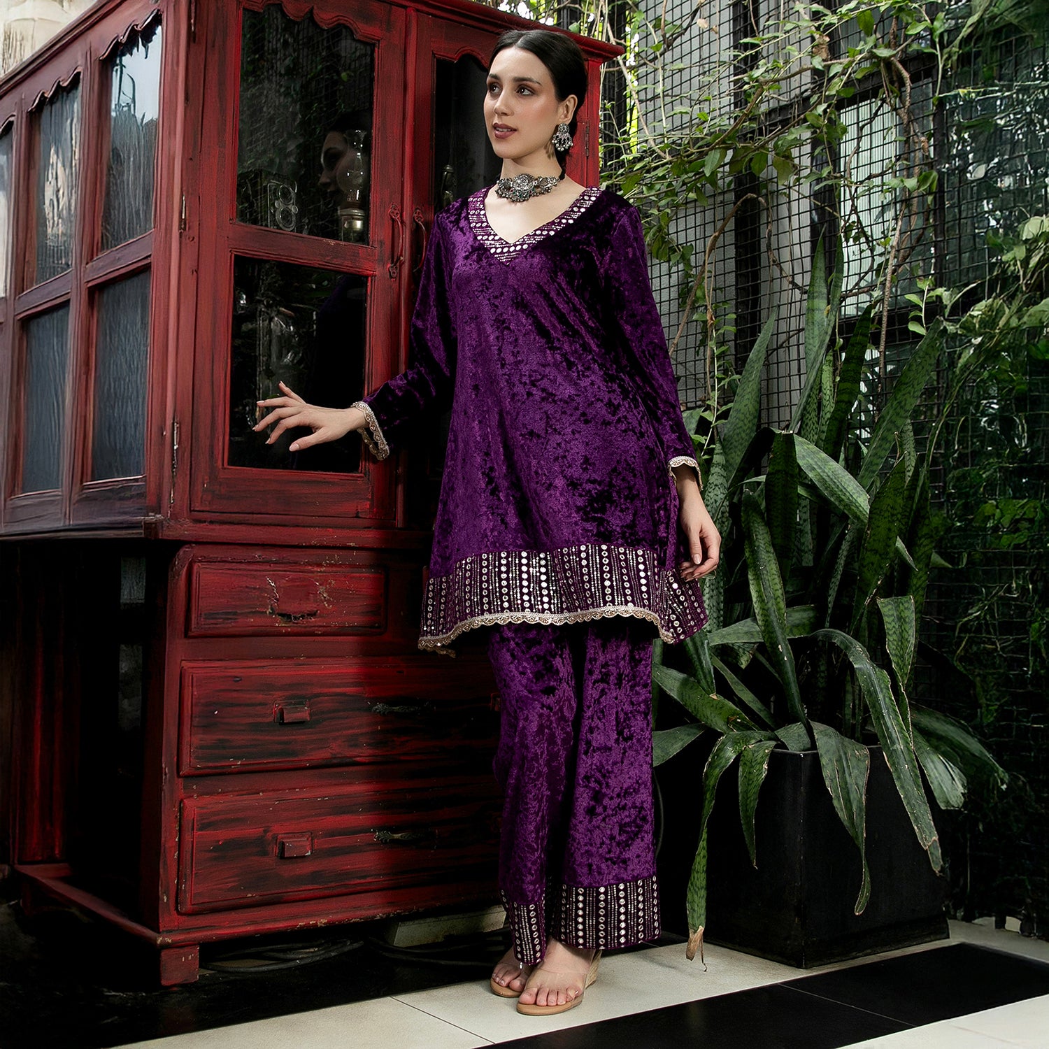 Mirror-Block Velvet Kurta Set
