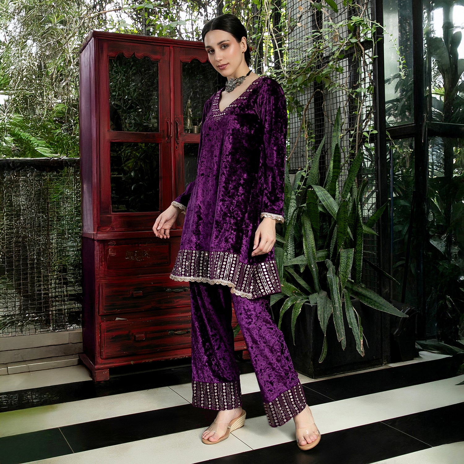 Mirror-Block Velvet Kurta Set