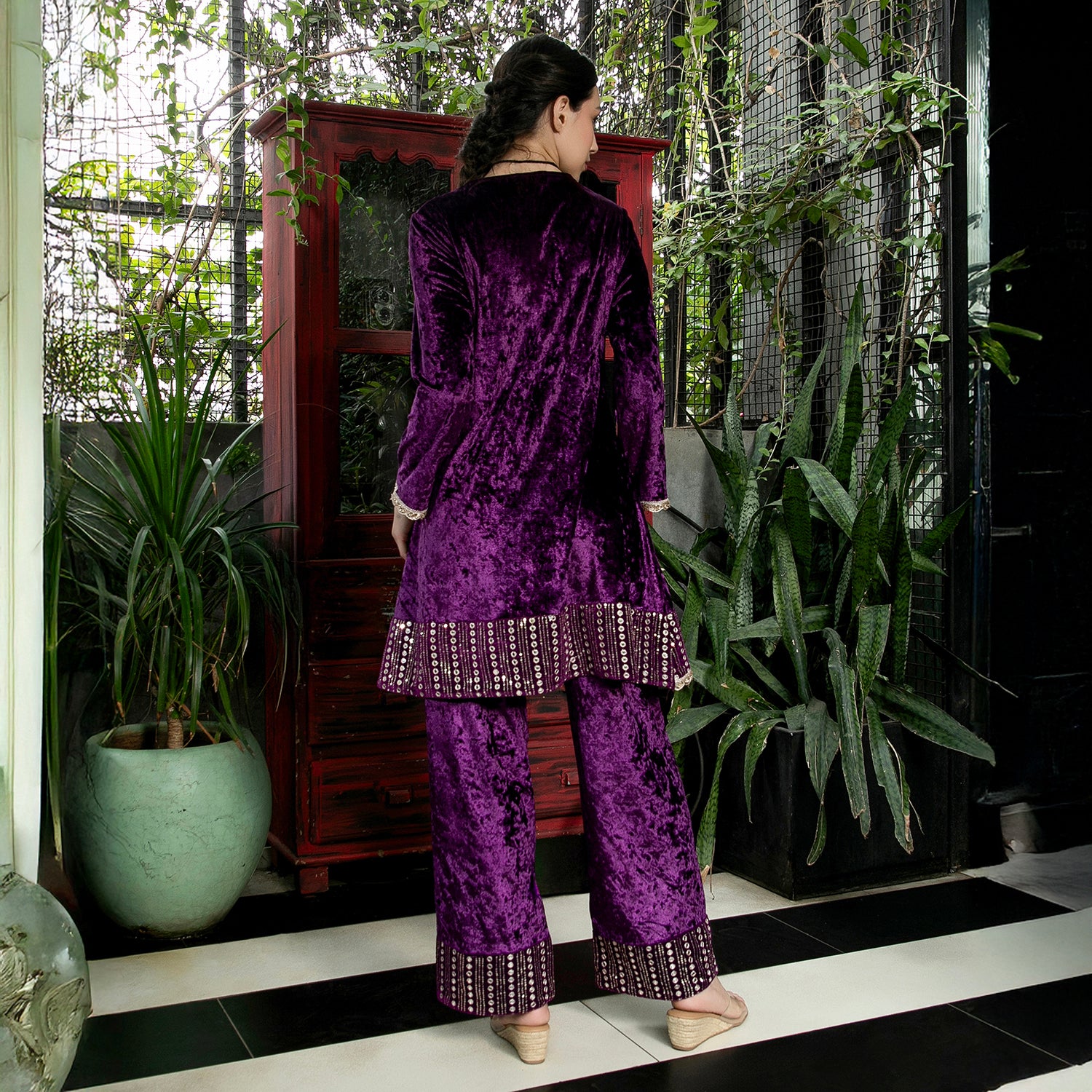 Mirror-Block Velvet Kurta Set