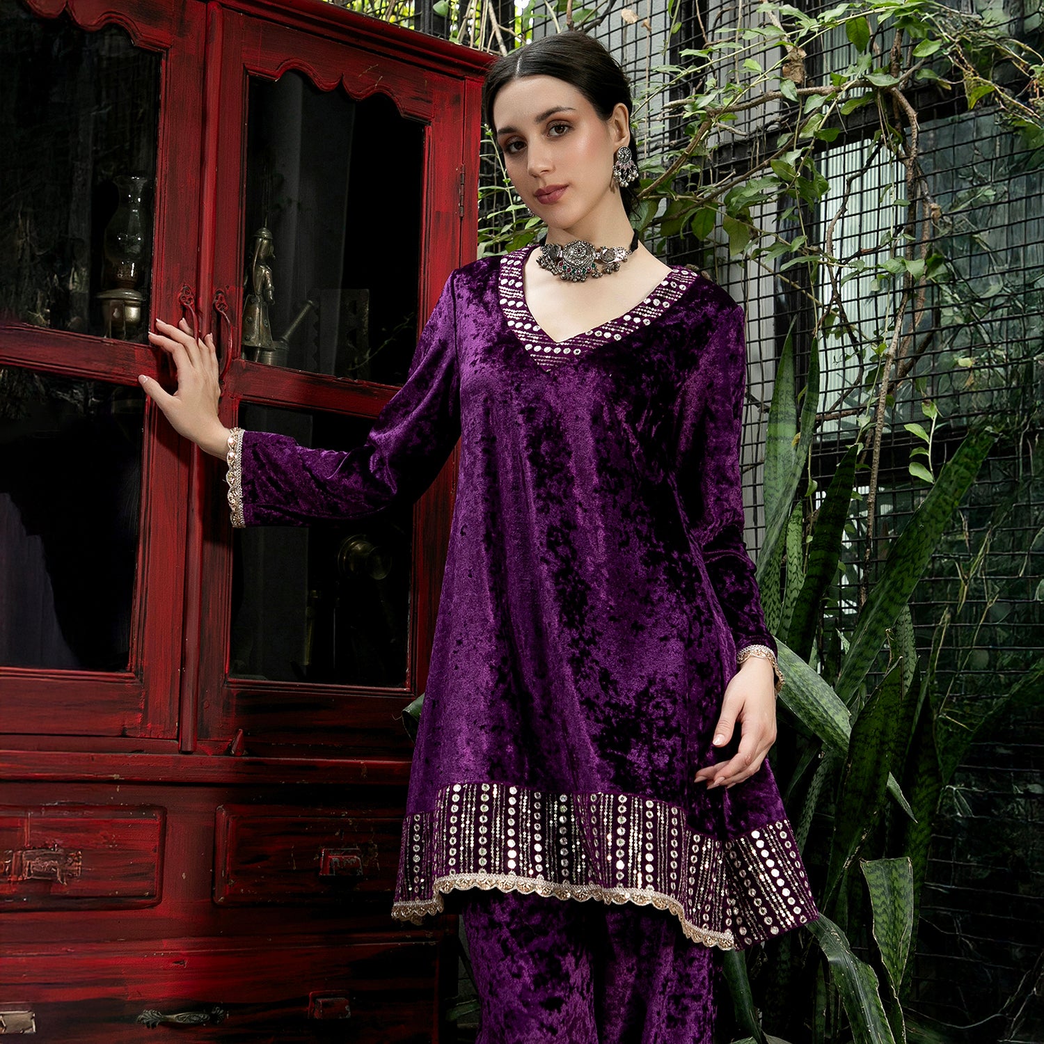 Mirror-Block Velvet Kurta Set