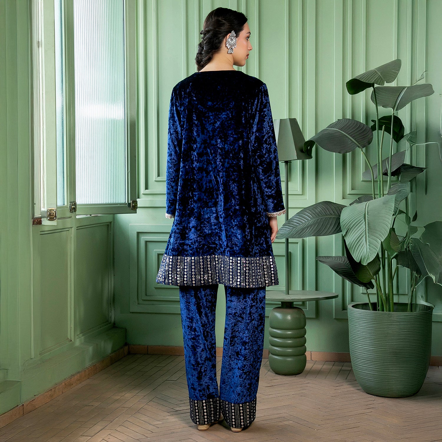 Mirror-Block Velvet Kurta Set