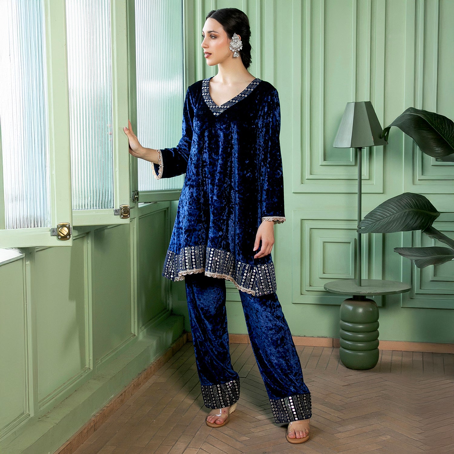 Mirror-Block Velvet Kurta Set