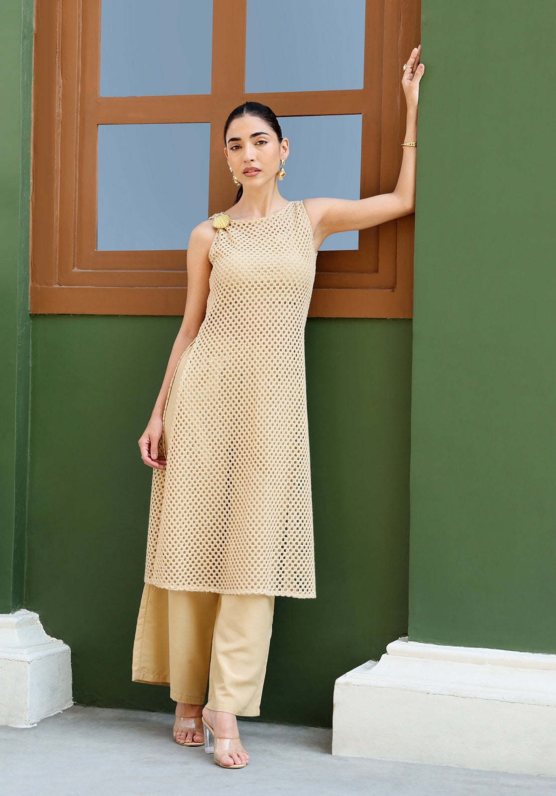 Beige Polyblend Mesh Straight Kurta with Inner & Palazzos