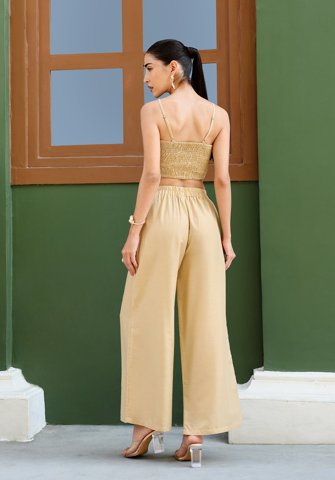 Beige Polyblend Mesh Straight Kurta with Inner & Palazzos