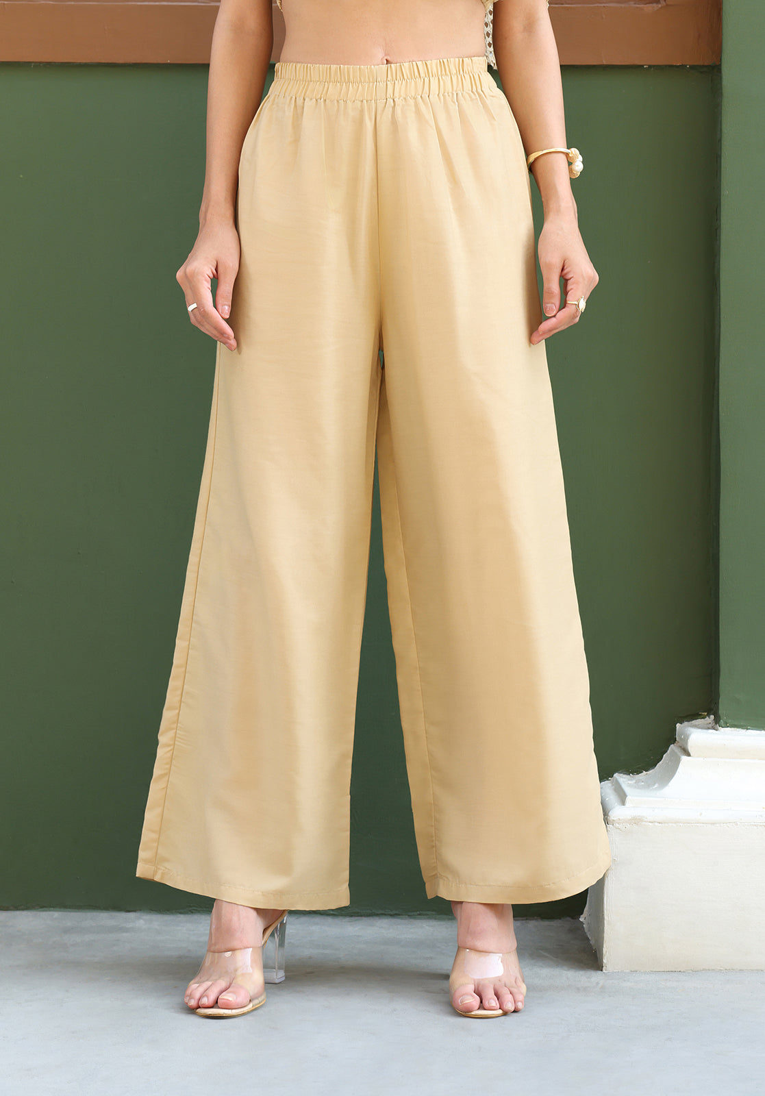 Beige Polyblend Mesh Straight Kurta with Inner & Palazzos
