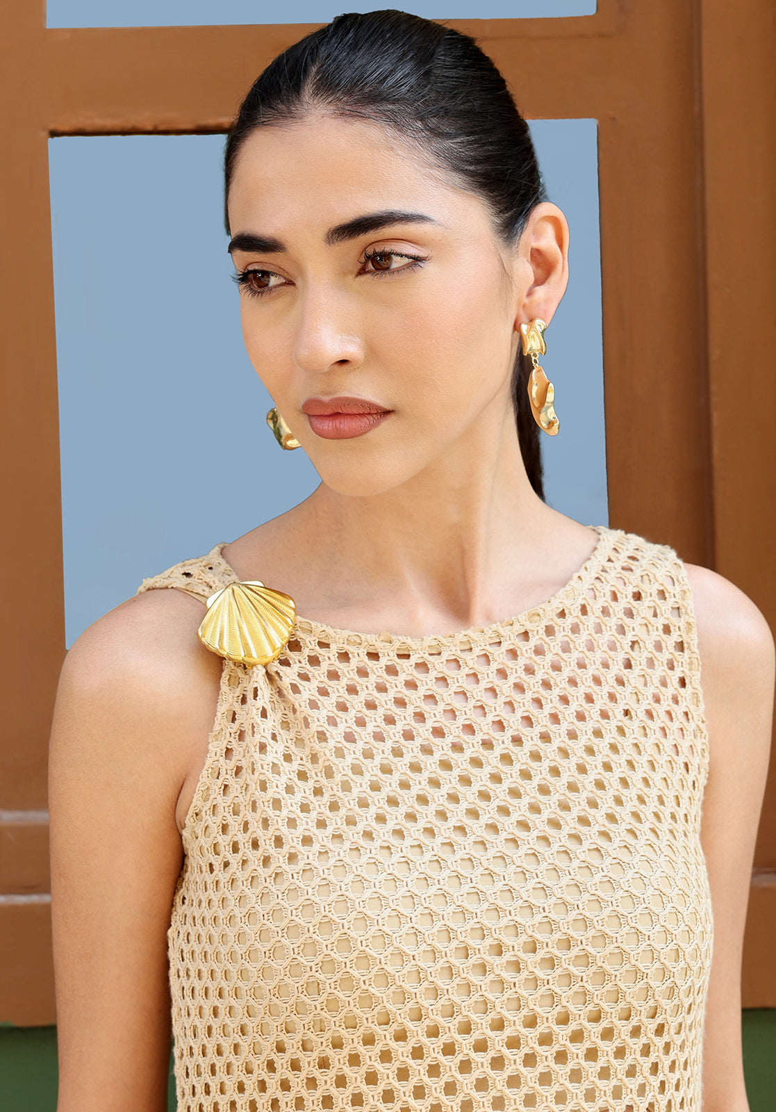 Beige Polyblend Mesh Straight Kurta with Inner & Palazzos