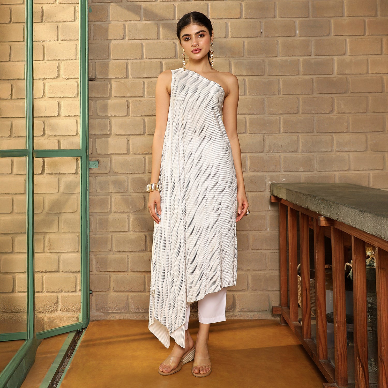 Asymmetrical Metallic-Swirl Kurta Set
