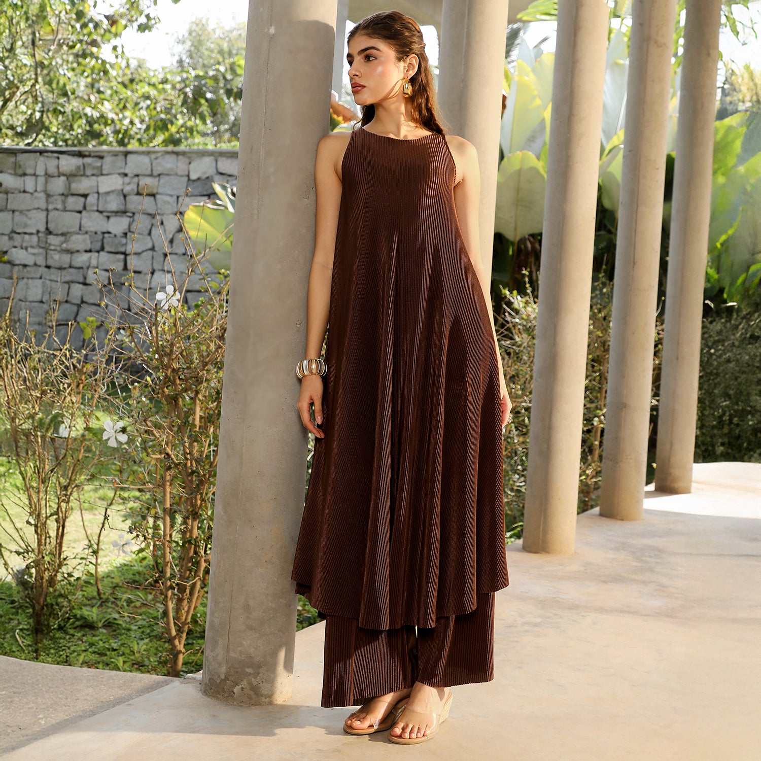 Solid Pleated-Halter Kurta Set