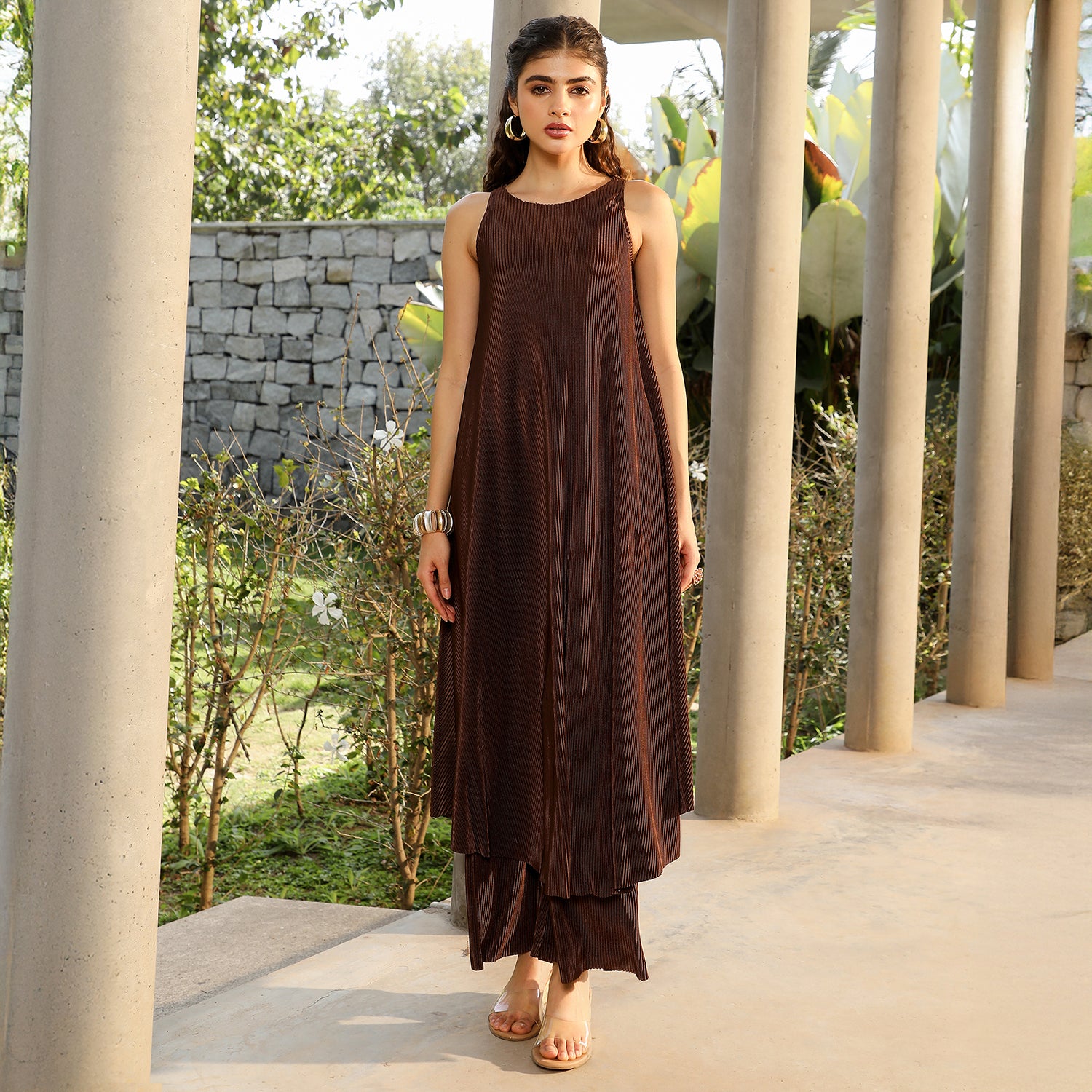 Solid Pleated-Halter Kurta Set