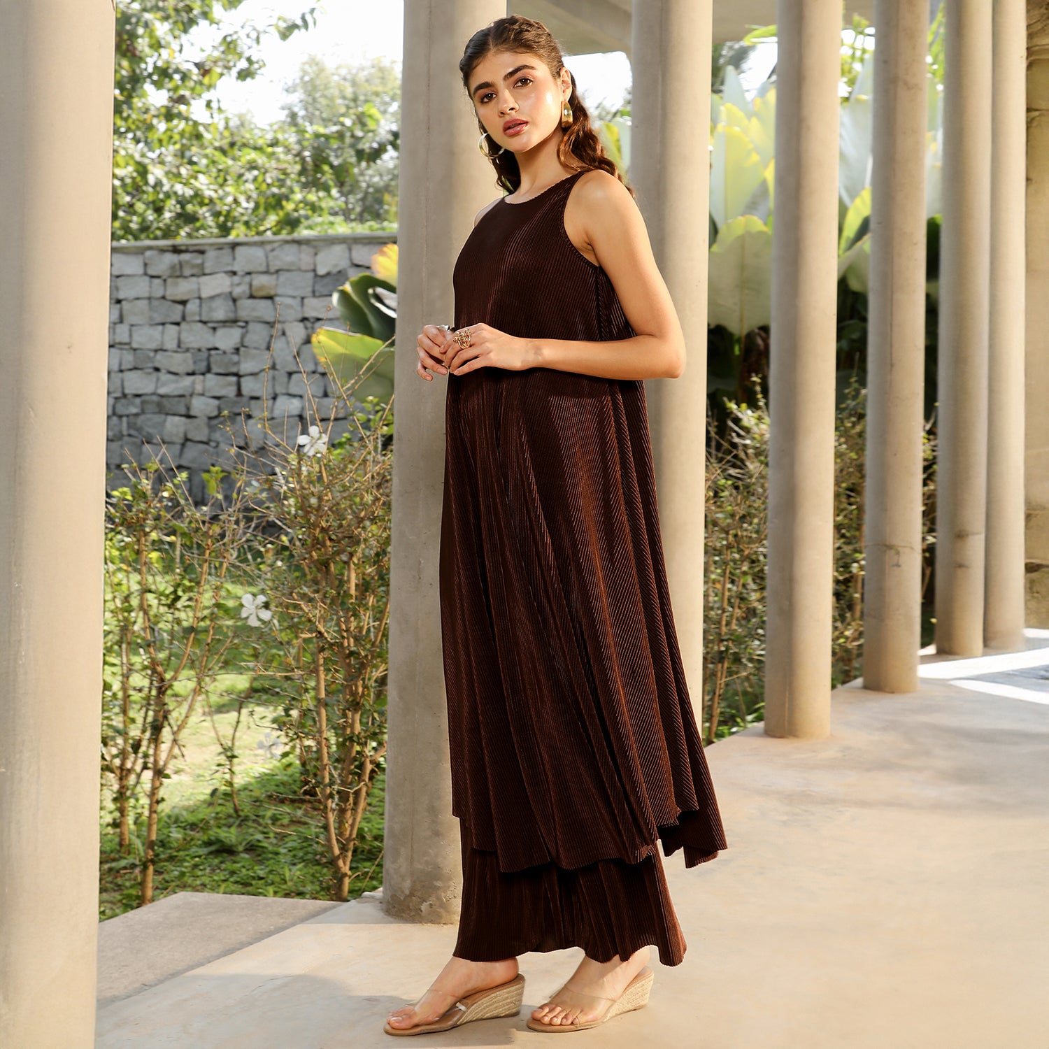 Solid Pleated-Halter Kurta Set