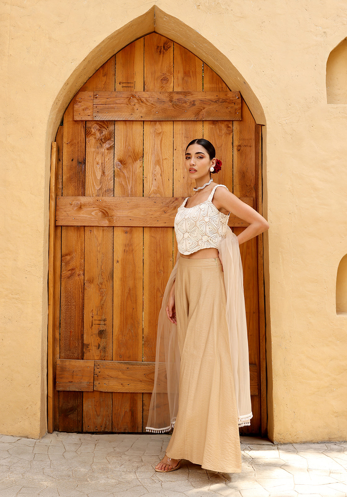 Embroidered Polyblend Sleeveless Shoulder Straps Beige  Co-ord Set