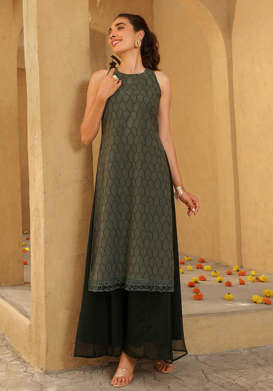 Green Cotton Blend A-Line Kurta Palazzo Set