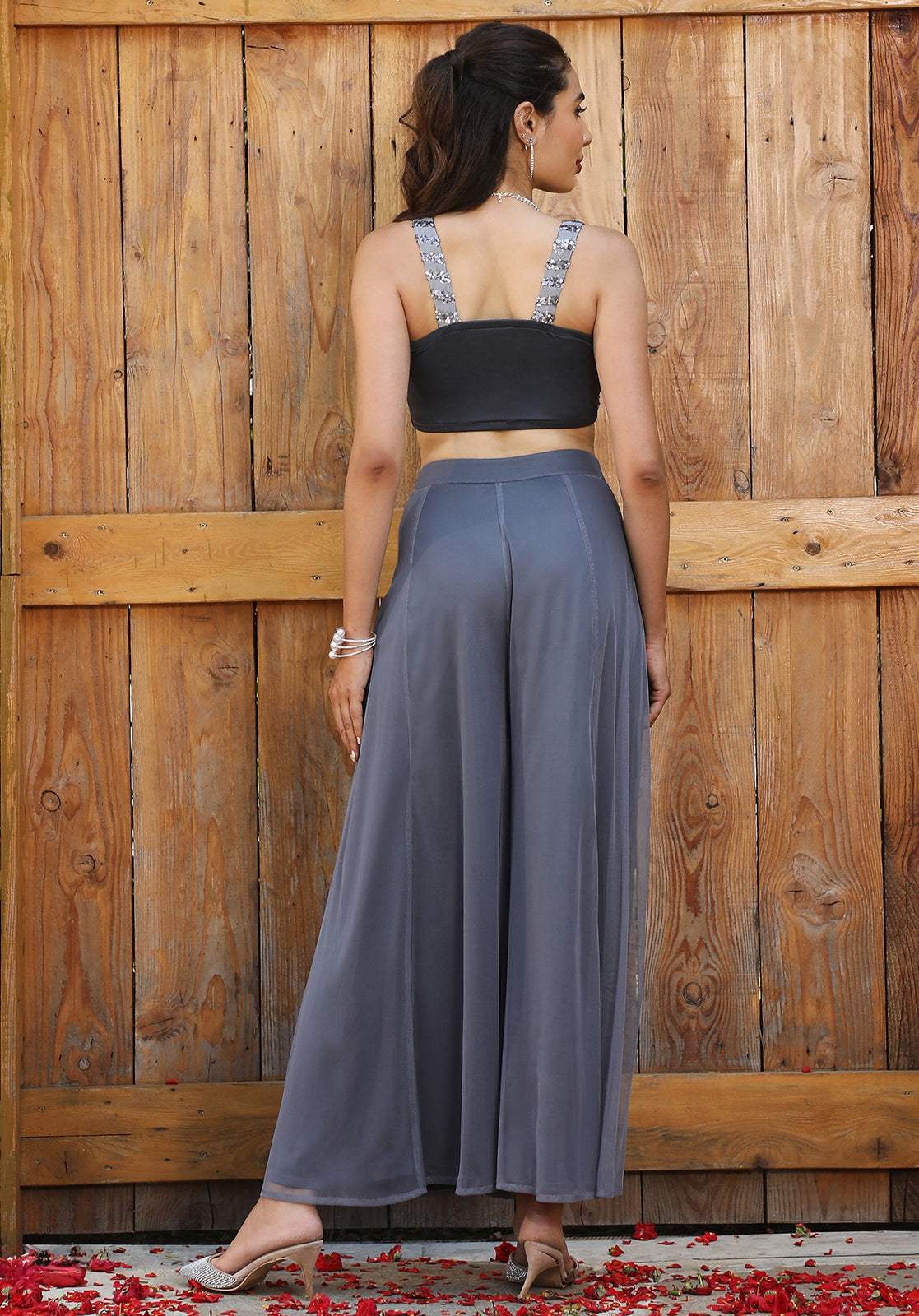 Embellished Georgette Sleeveless Square Neck Grey  Co-ord Set