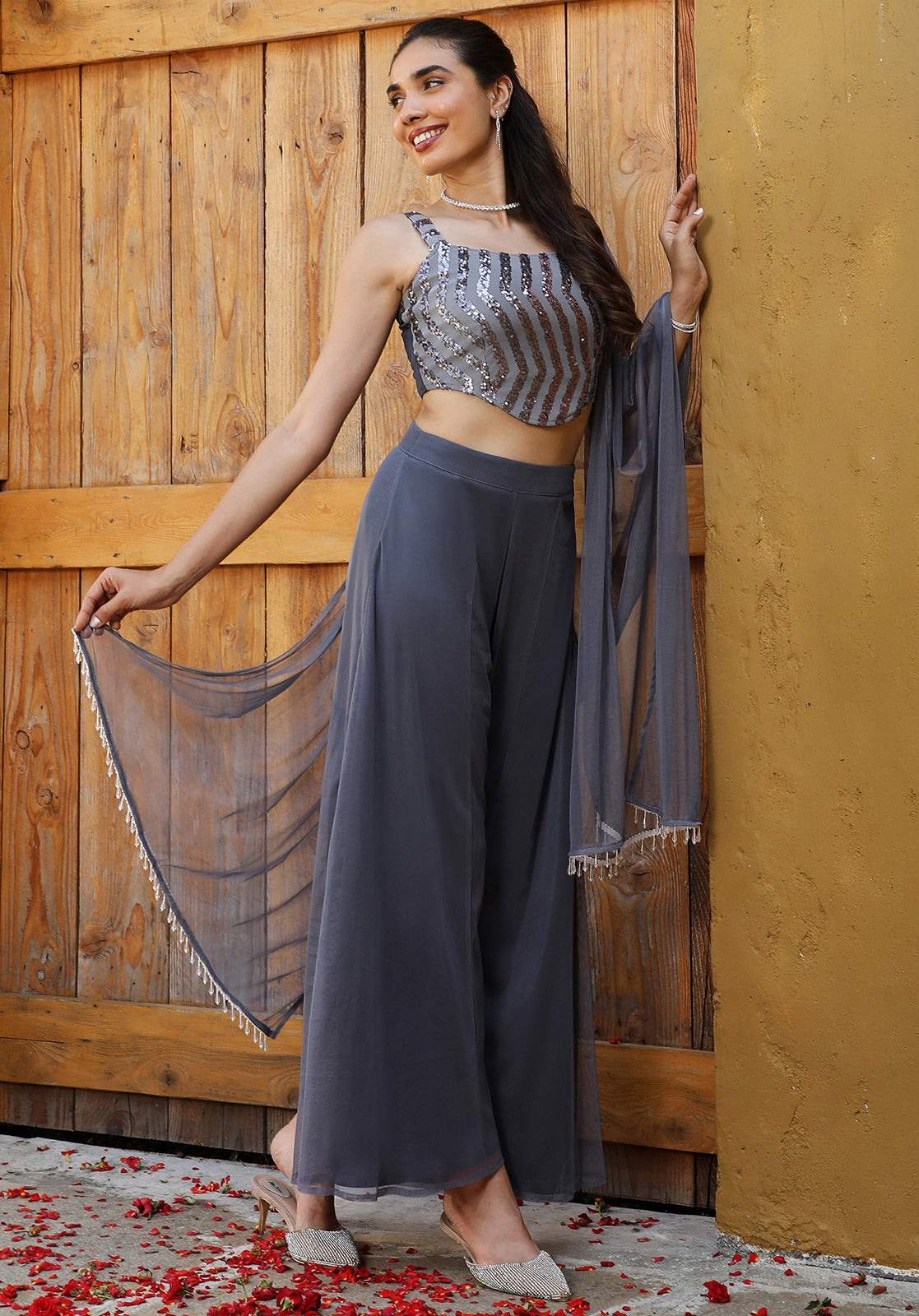 Embellished Georgette Sleeveless Square Neck Grey  Co-ord Set