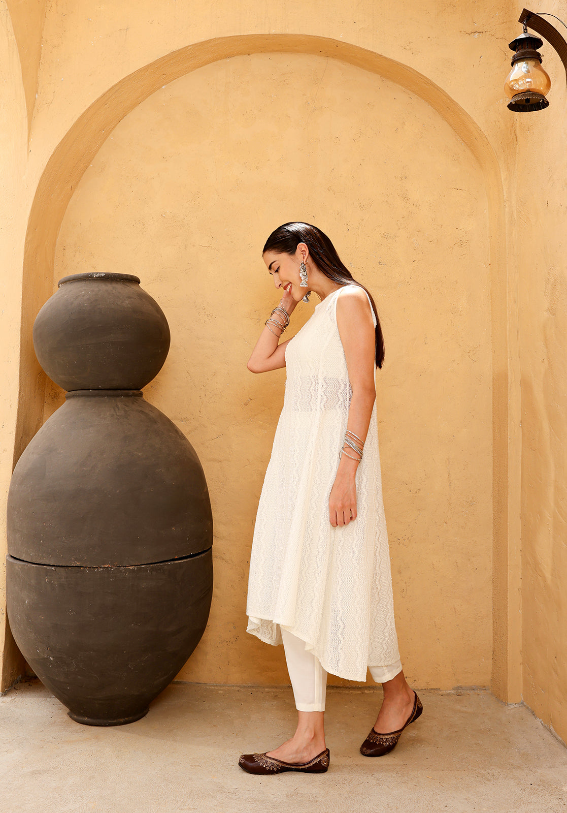 White Polyblend Asymmetric Kurta with Top and Trouser Set