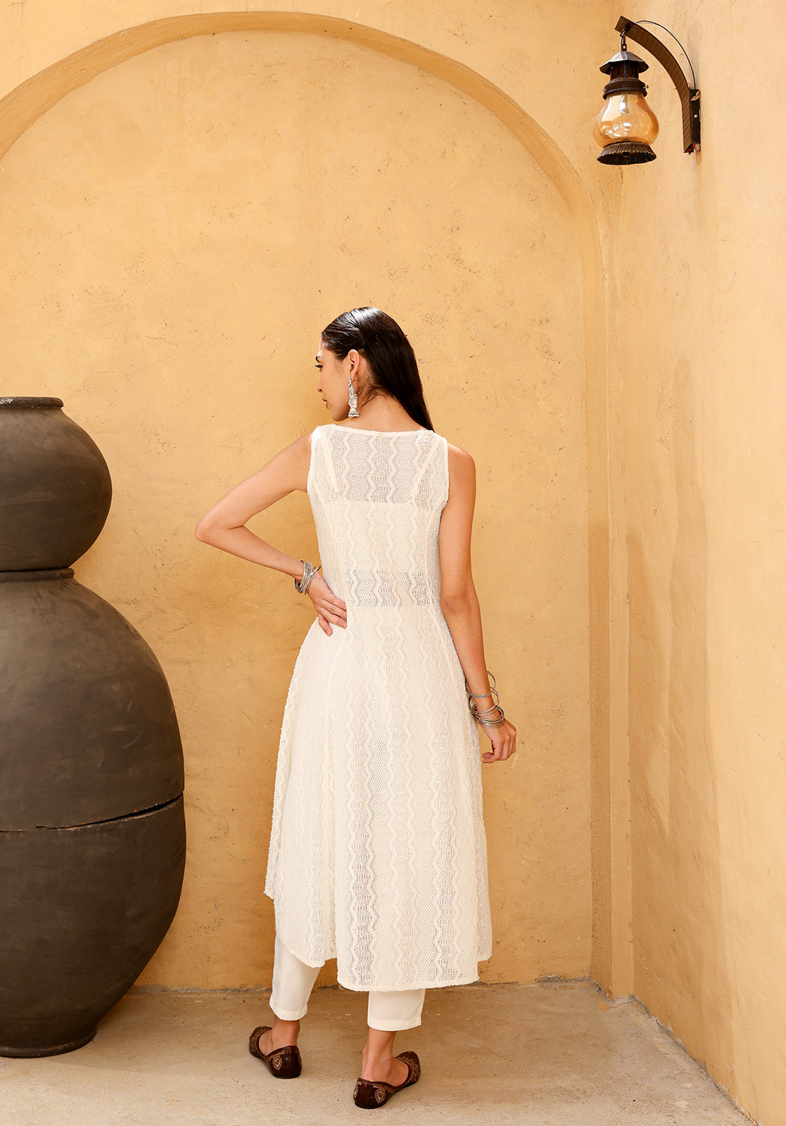 White Polyblend Asymmetric Kurta with Top and Trouser Set