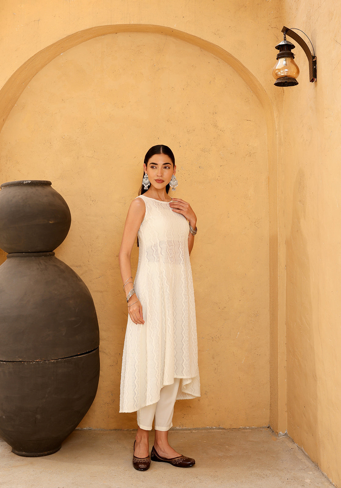 White Polyblend Asymmetric Kurta with Top and Trouser Set