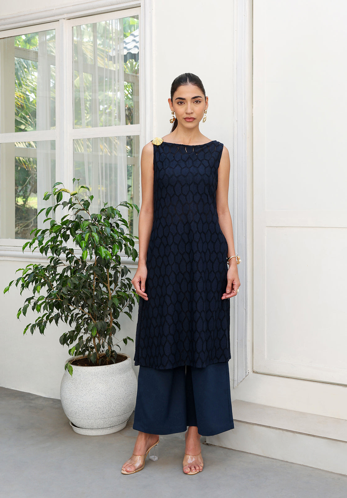 Textured Self-Design Boat Neck Sleeveless Navy Blue  Co-ord Set