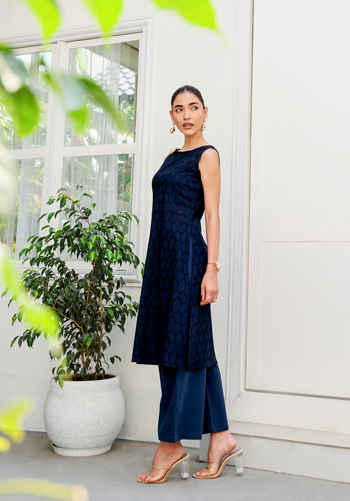 Textured Self-Design Boat Neck Sleeveless Navy Blue  Co-ord Set