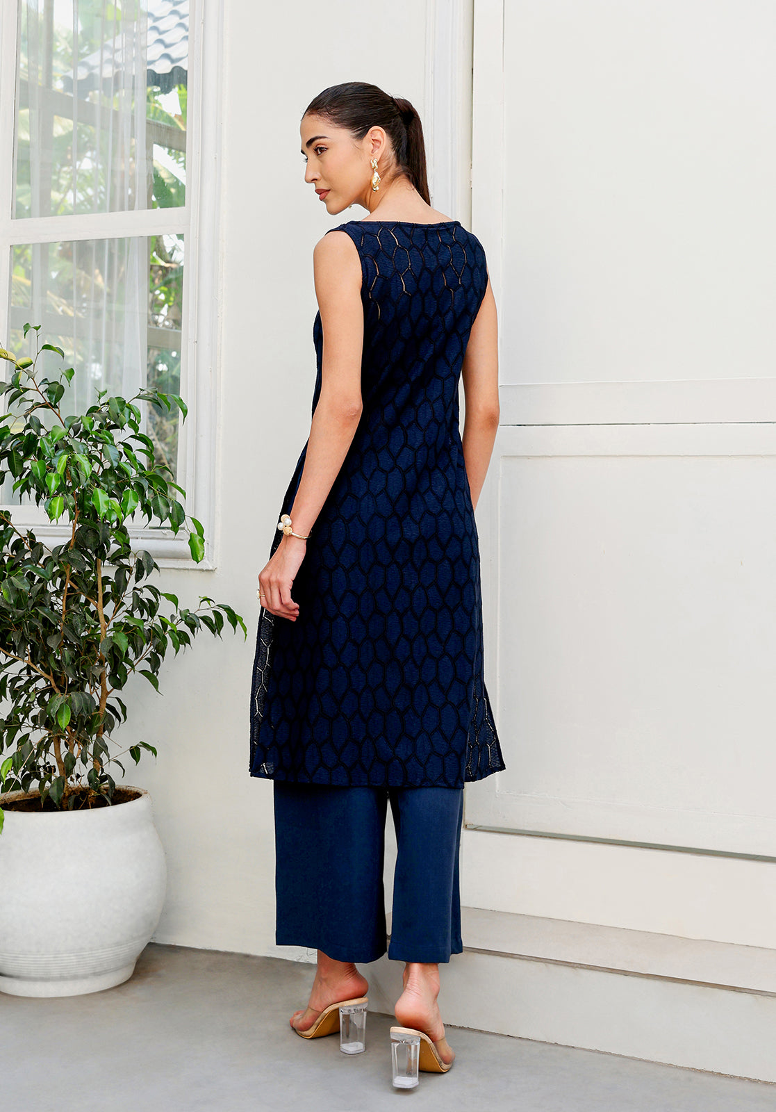Textured Self-Design Boat Neck Sleeveless Navy Blue  Co-ord Set