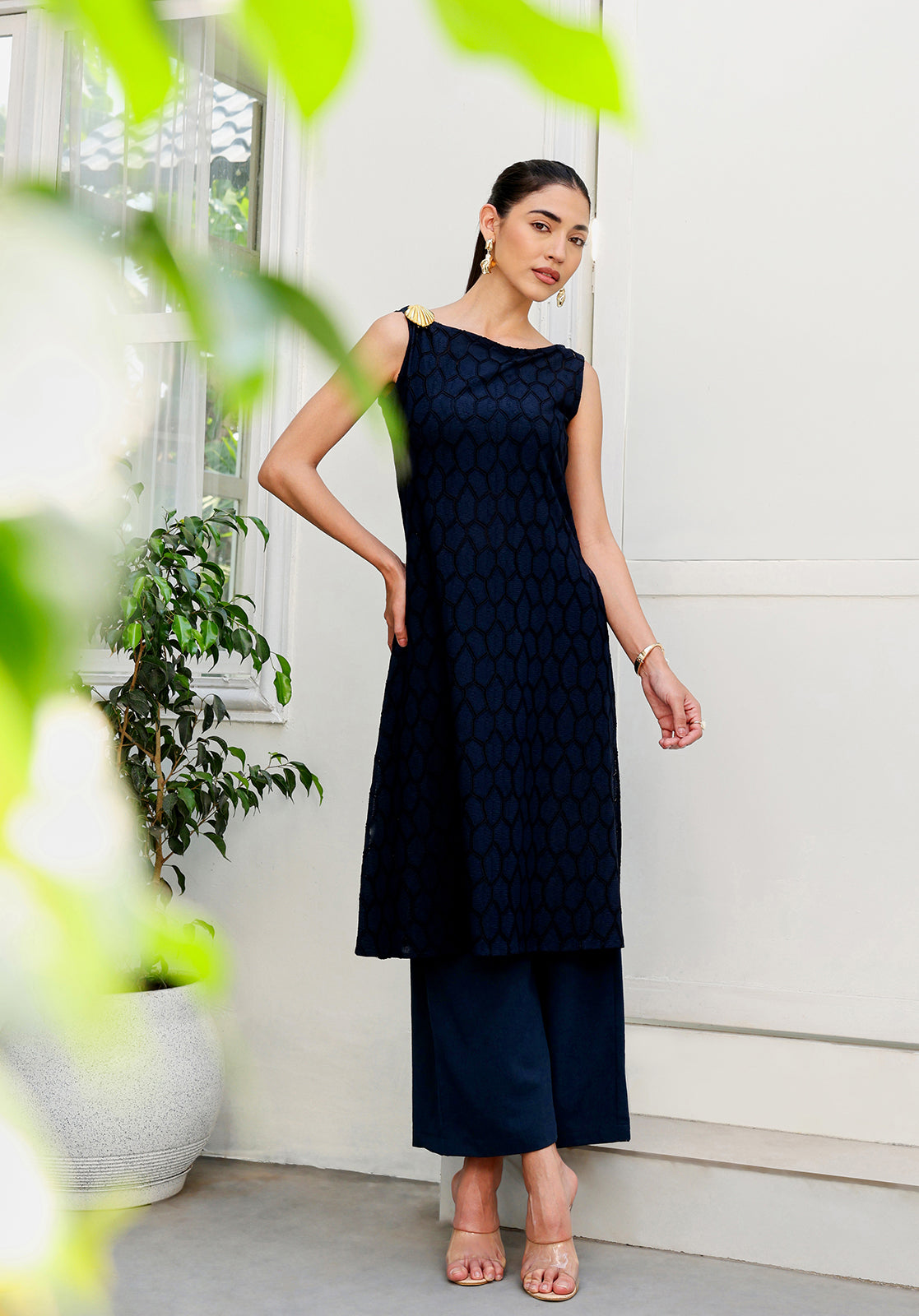 Textured Self-Design Boat Neck Sleeveless Navy Blue  Co-ord Set