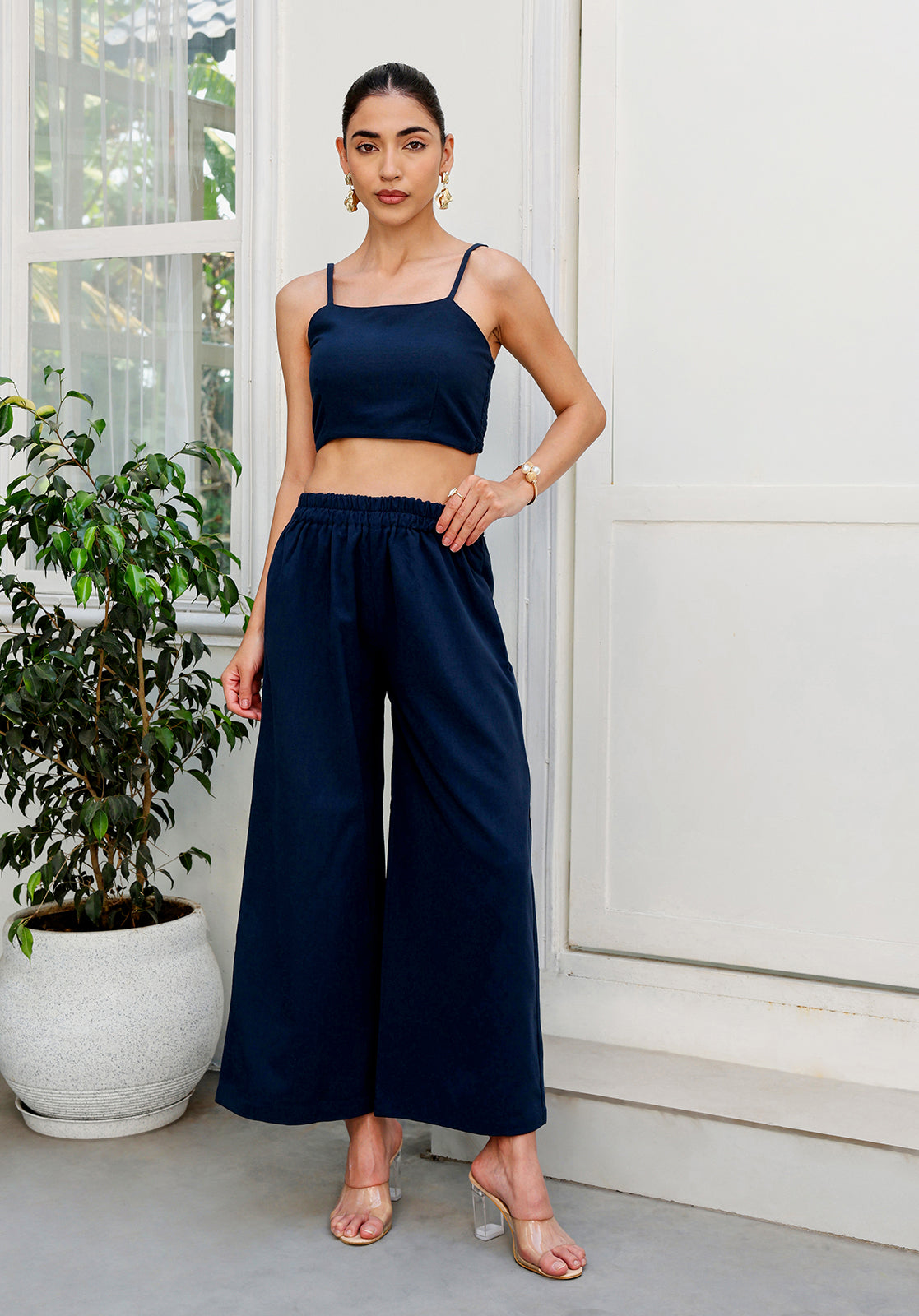 Textured Self-Design Boat Neck Sleeveless Navy Blue  Co-ord Set