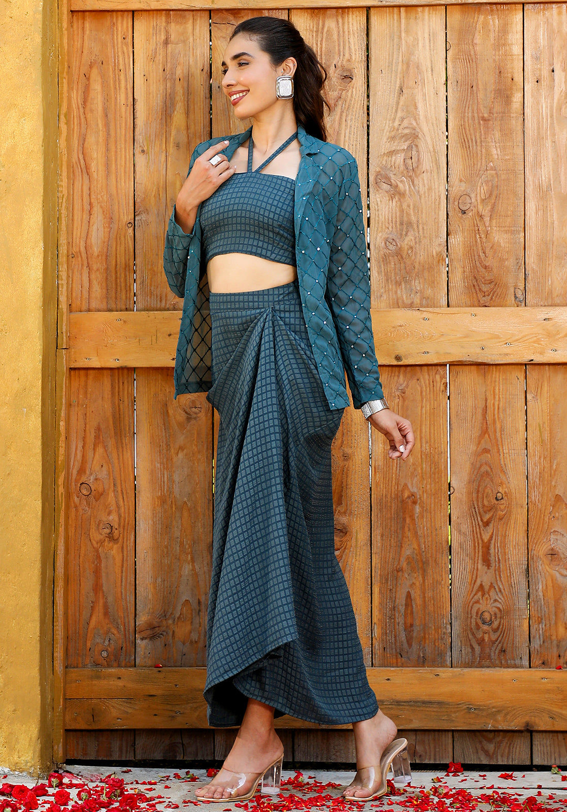 Geometric Georgette Halter Neck Full Sleeves Teal  Co-ord Set
