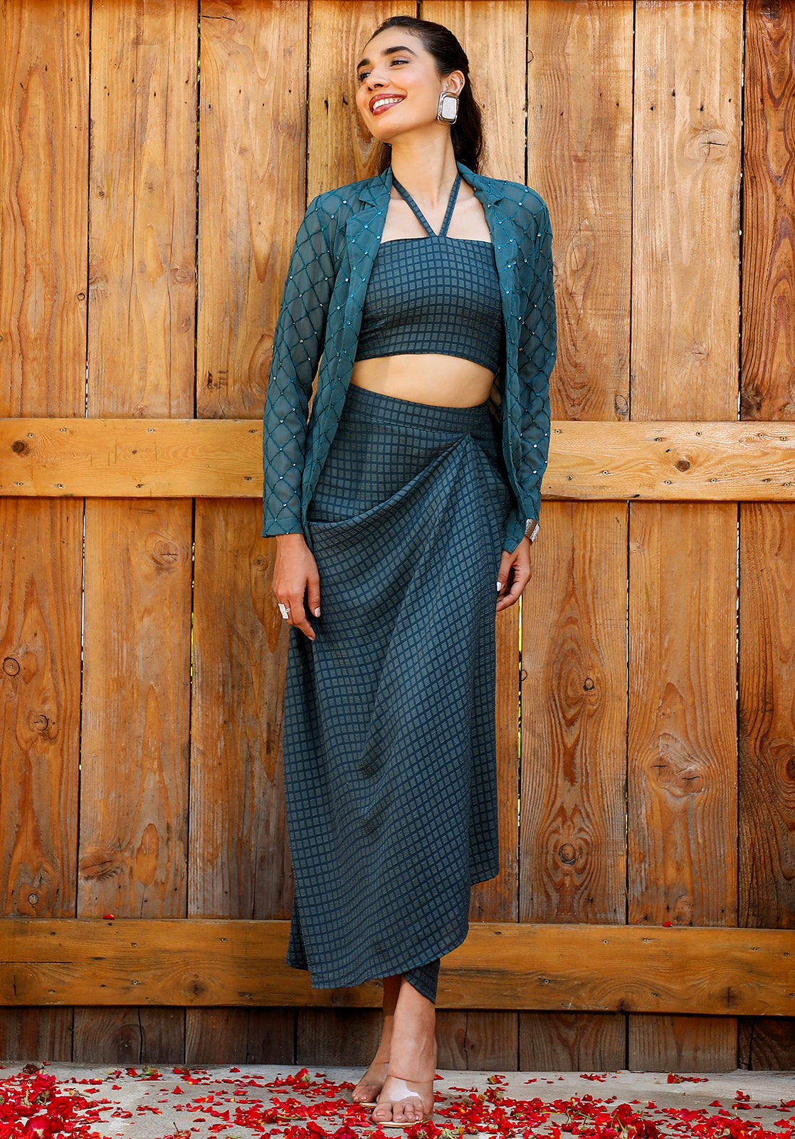 Geometric Georgette Halter Neck Full Sleeves Teal  Co-ord Set