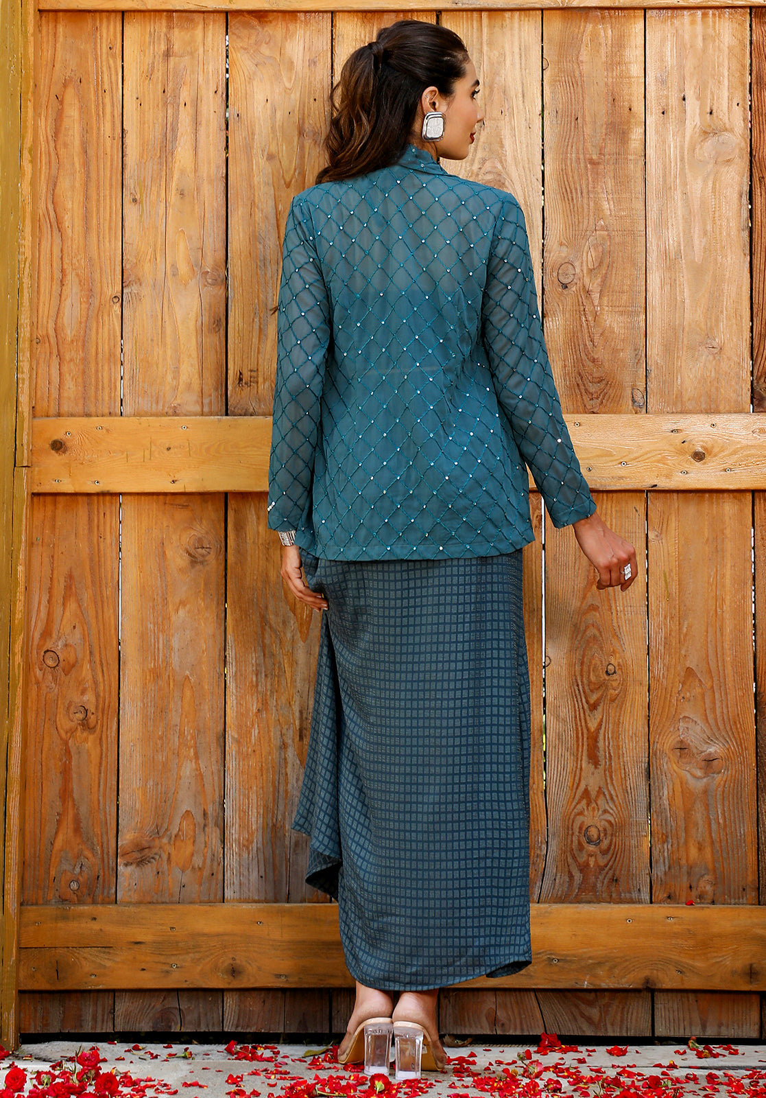 Geometric Georgette Halter Neck Full Sleeves Teal  Co-ord Set