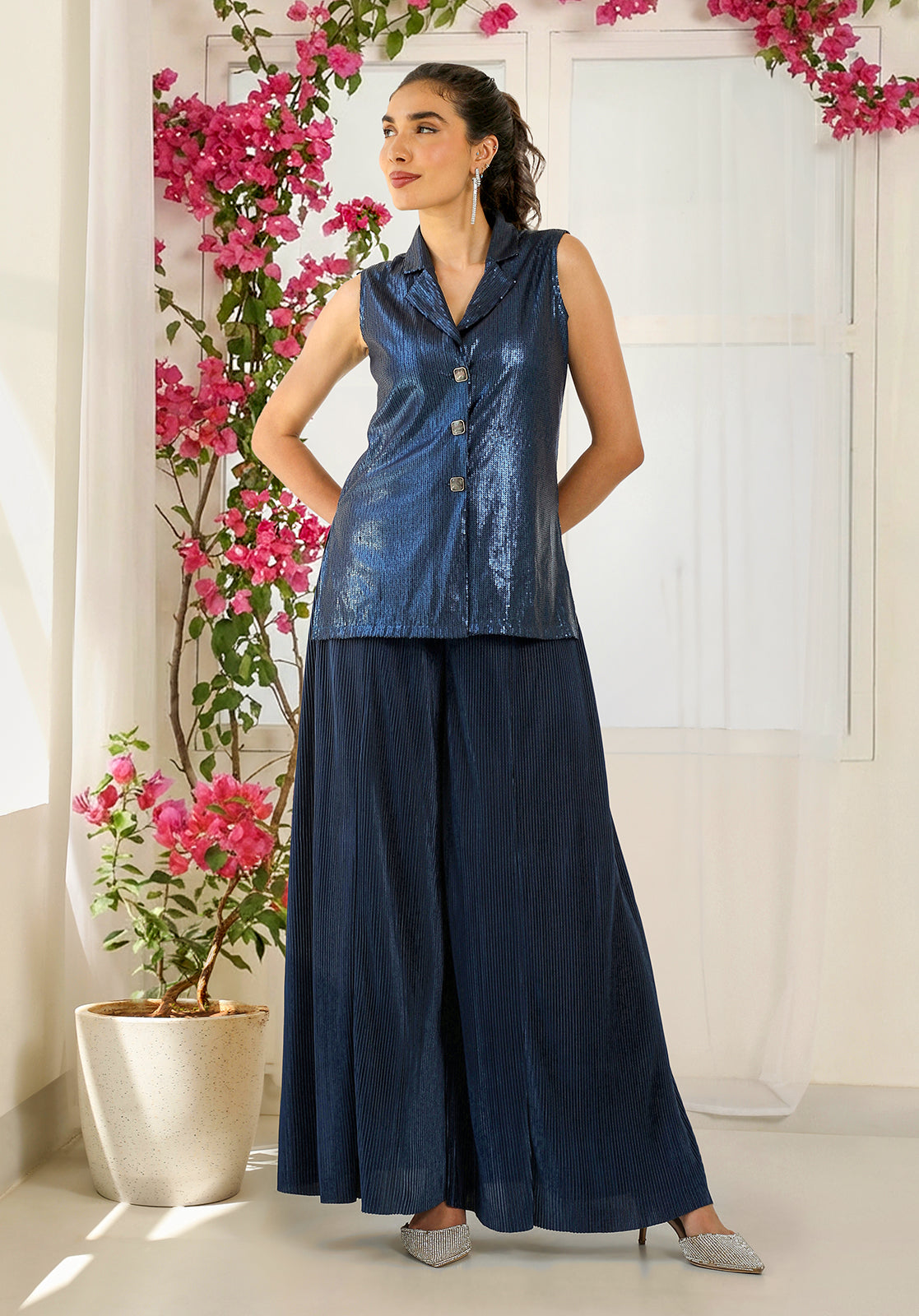 Sequinned Sleeveless Shirt Collar Pleated Navy Blue  Co-ord Set