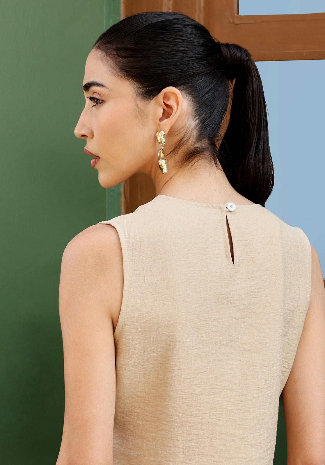Beige Polyblend Asymmetric Kurta & Palazzo Set