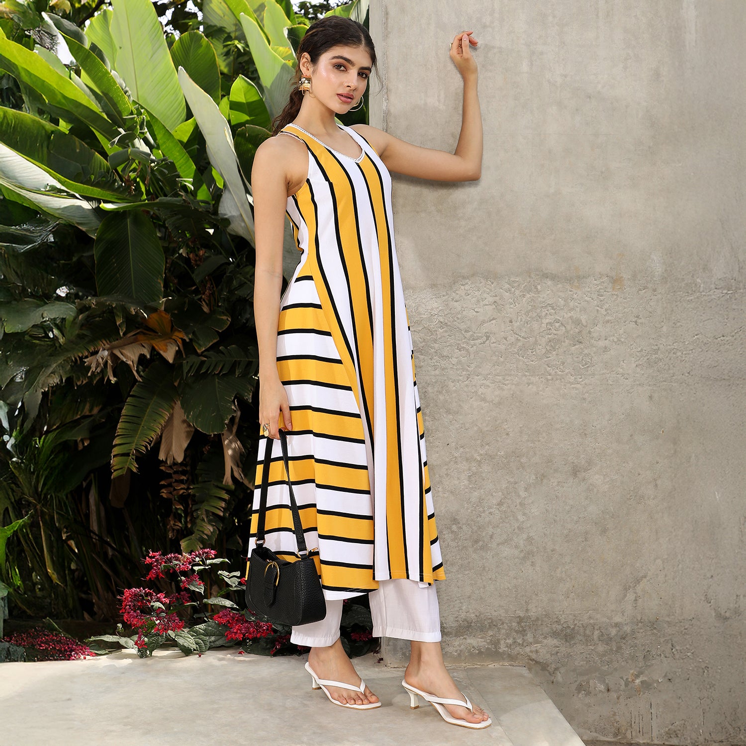 Nautical-Striped Flared Kurta Set