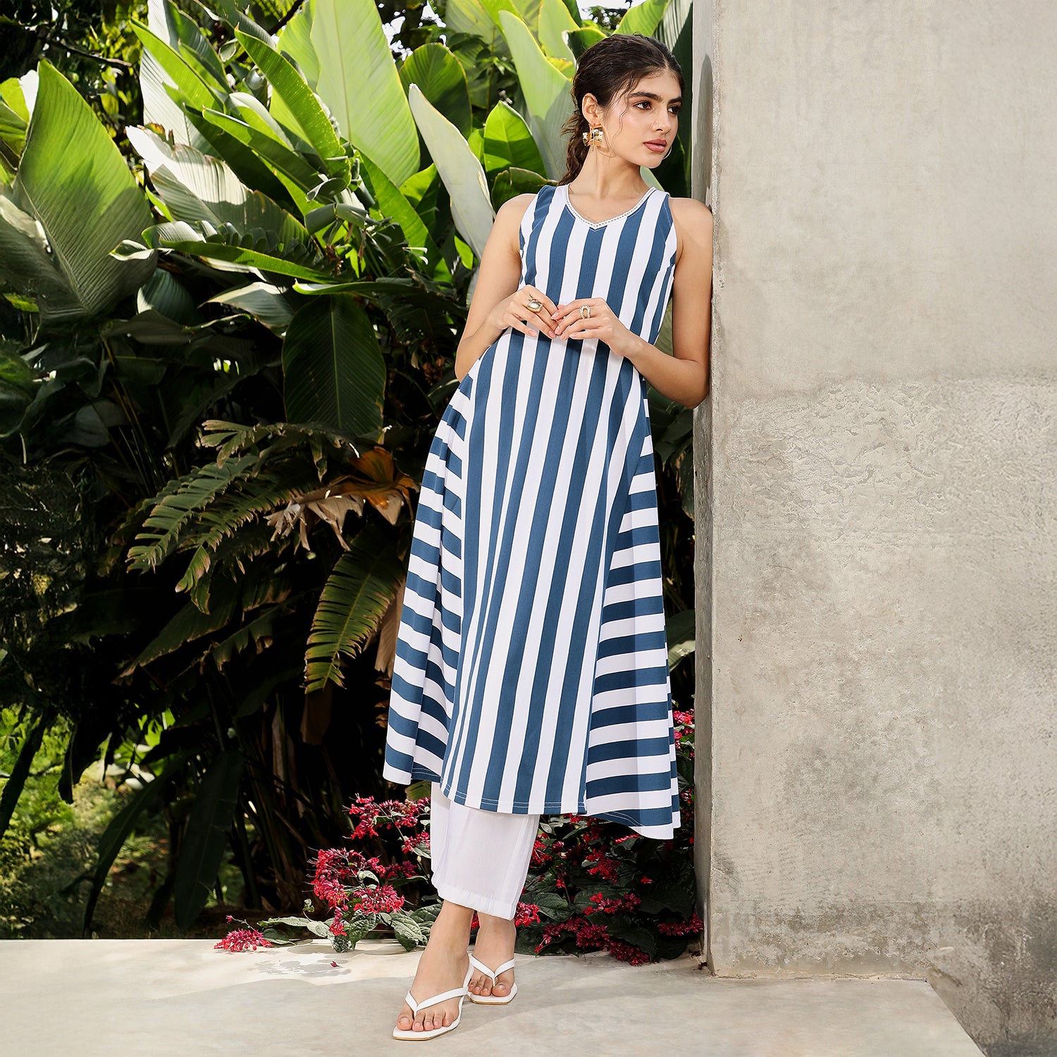 Nautical-Striped Flared Kurta Set