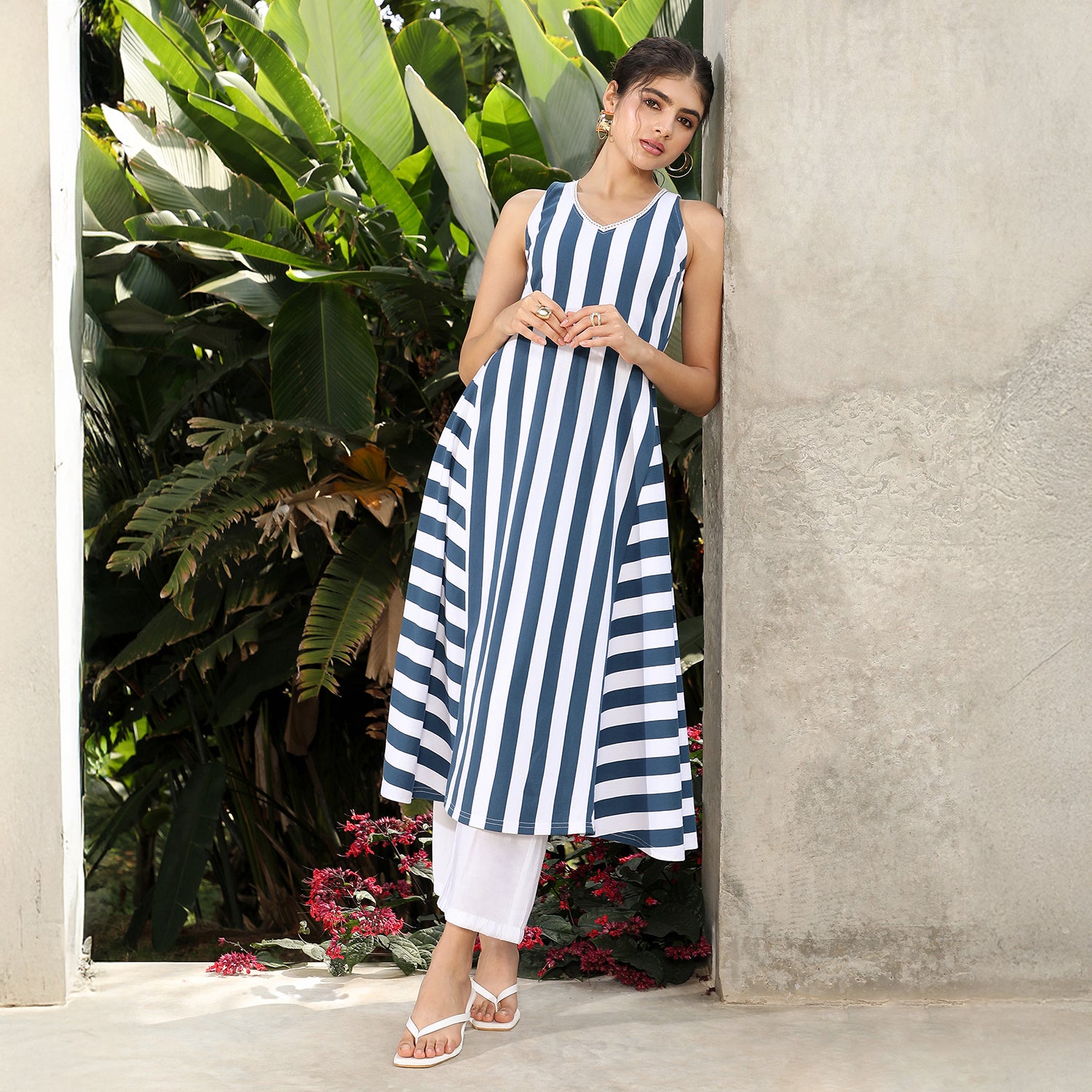Nautical-Striped Flared Kurta Set