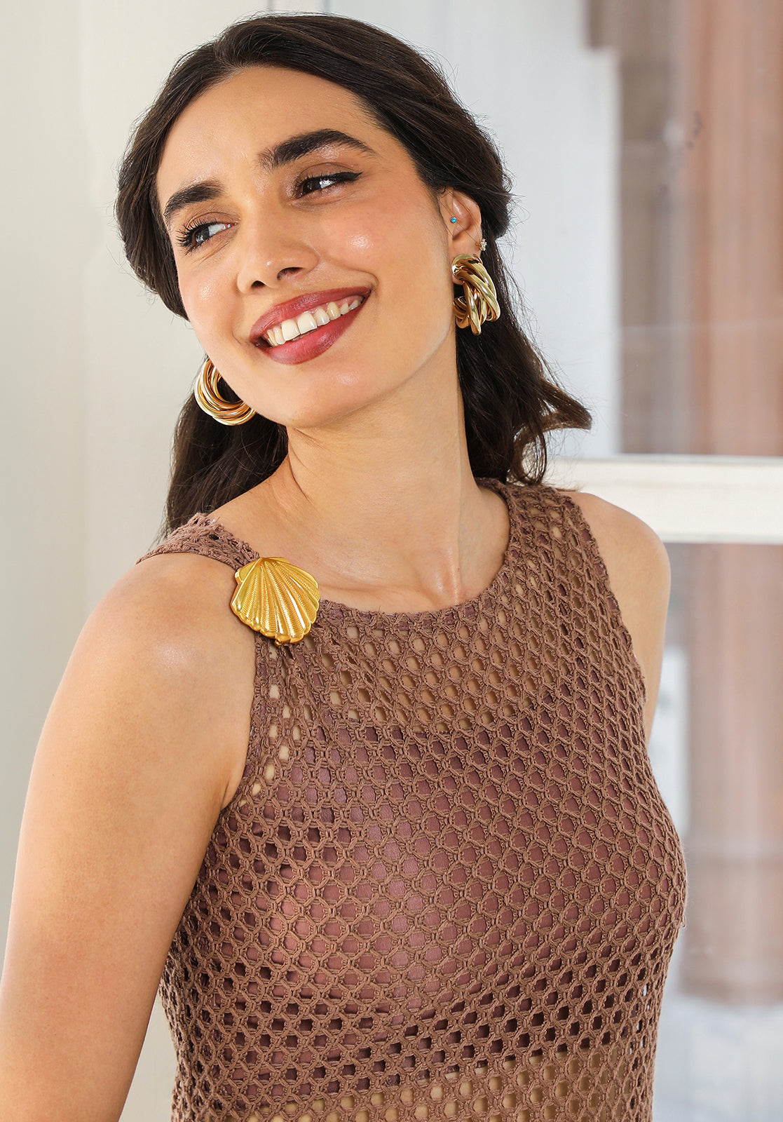 Brown Poly Cotton Net Kurta with Top and Palazzo Set