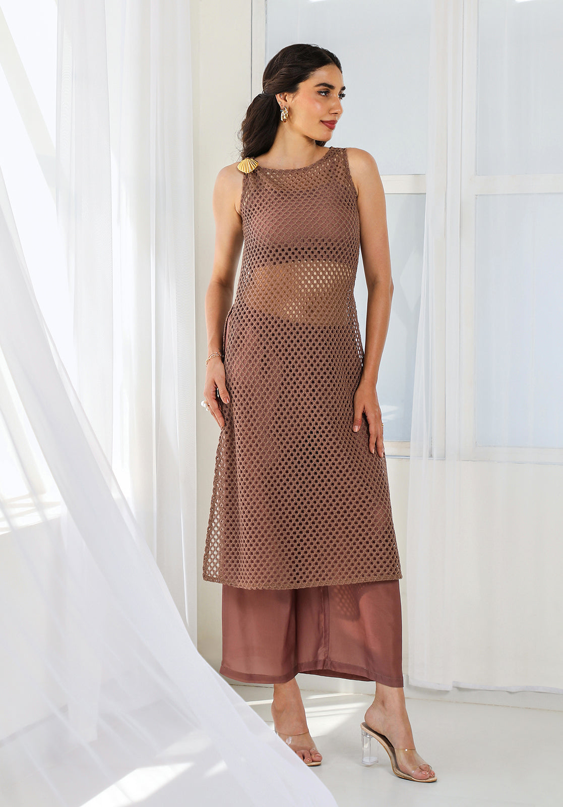Brown Poly Cotton Net Kurta with Top and Palazzo Set