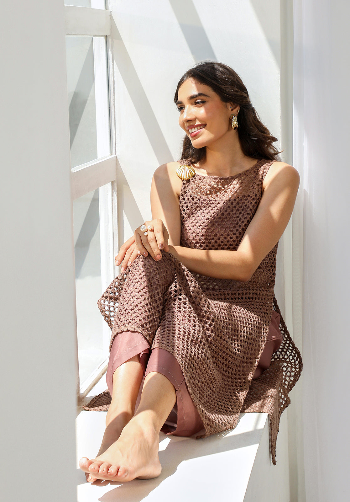 Brown Poly Cotton Net Kurta with Top and Palazzo Set