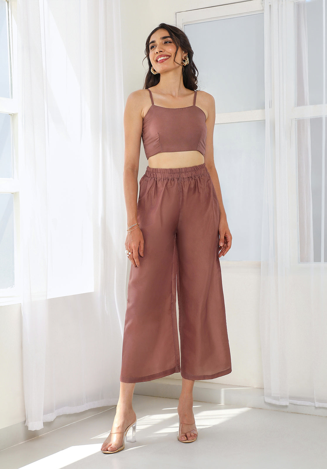 Brown Poly Cotton Net Kurta with Top and Palazzo Set