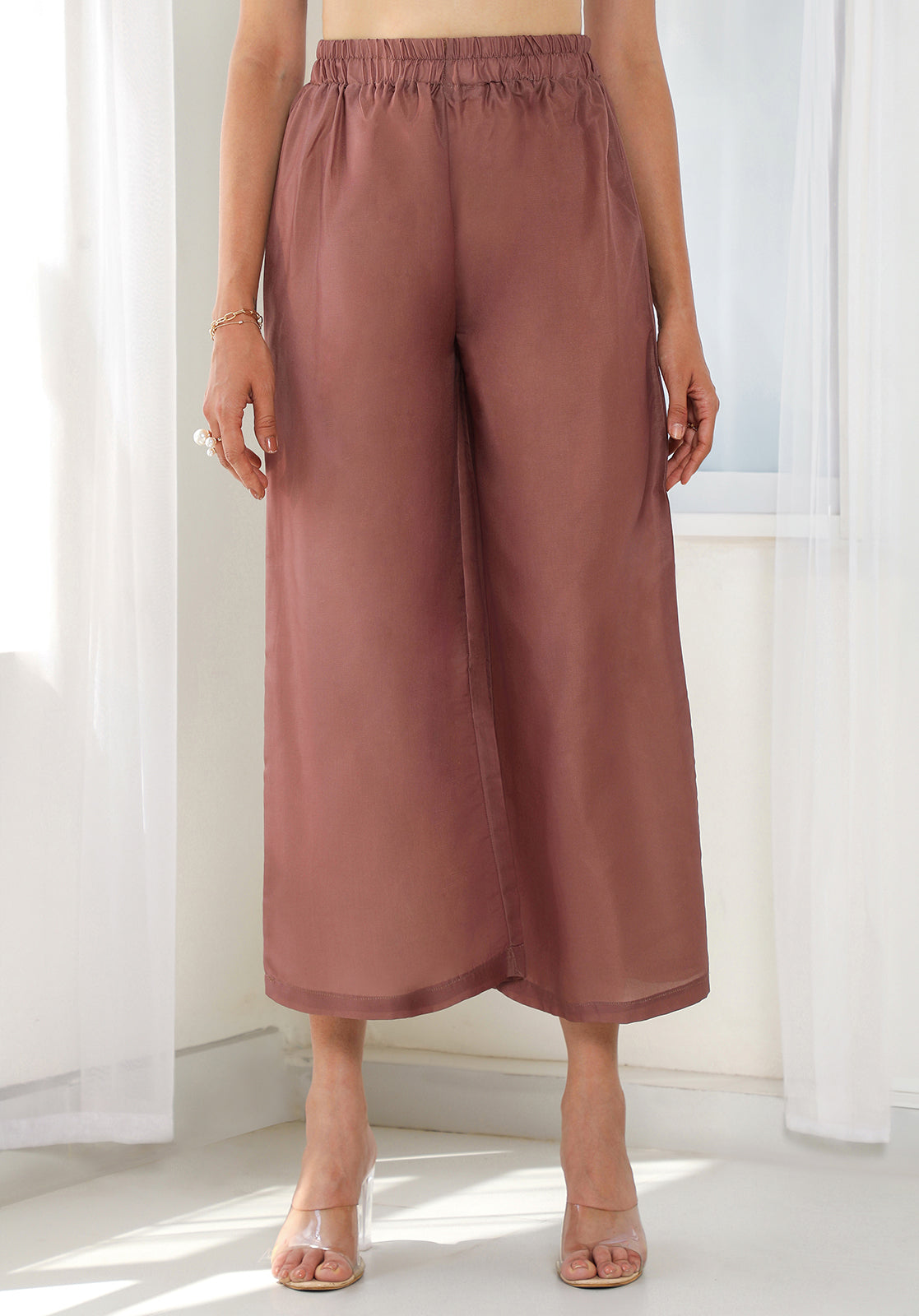 Brown Poly Cotton Net Kurta with Top and Palazzo Set