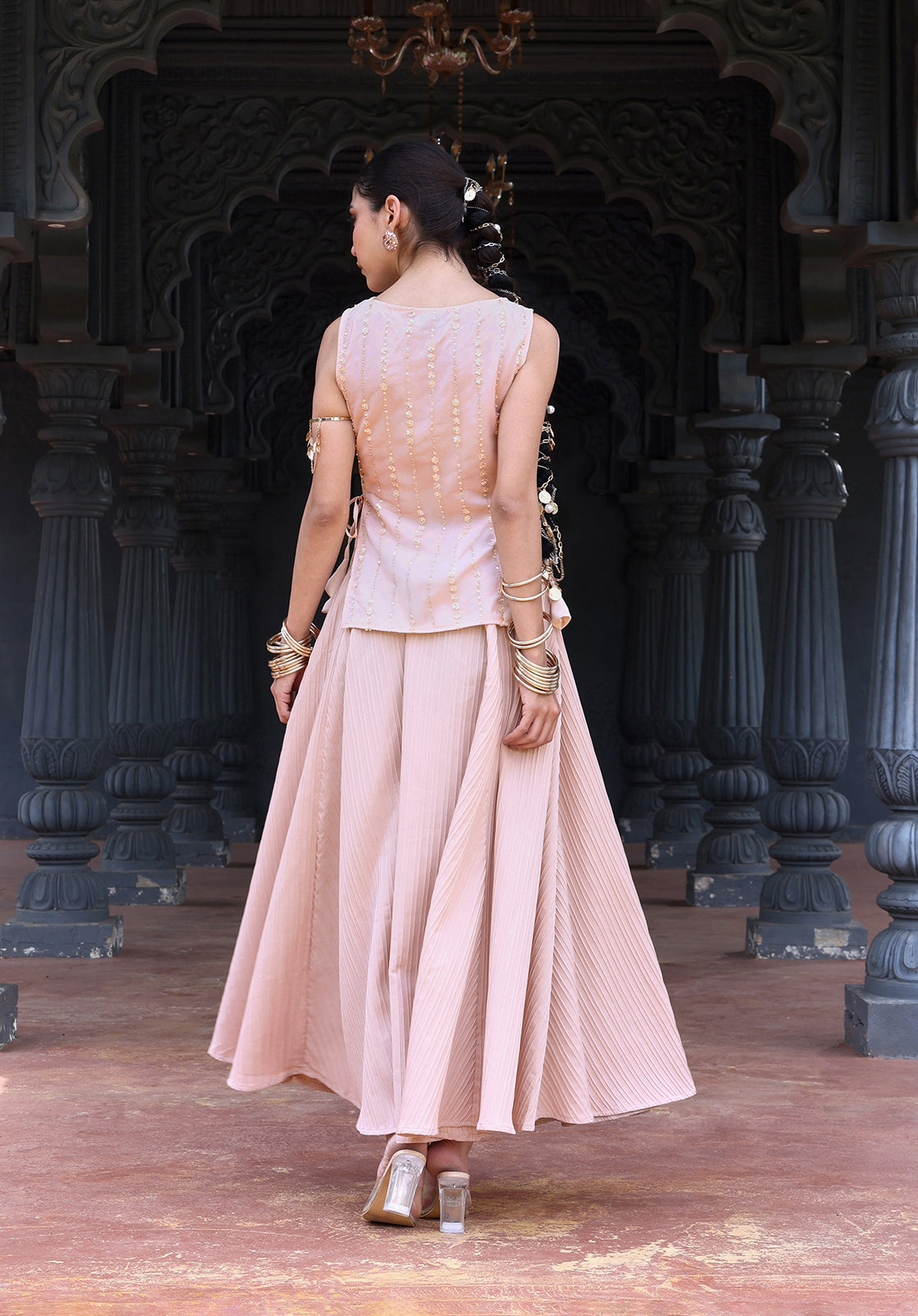 Peach Poly Georgette Top & Skirt Set