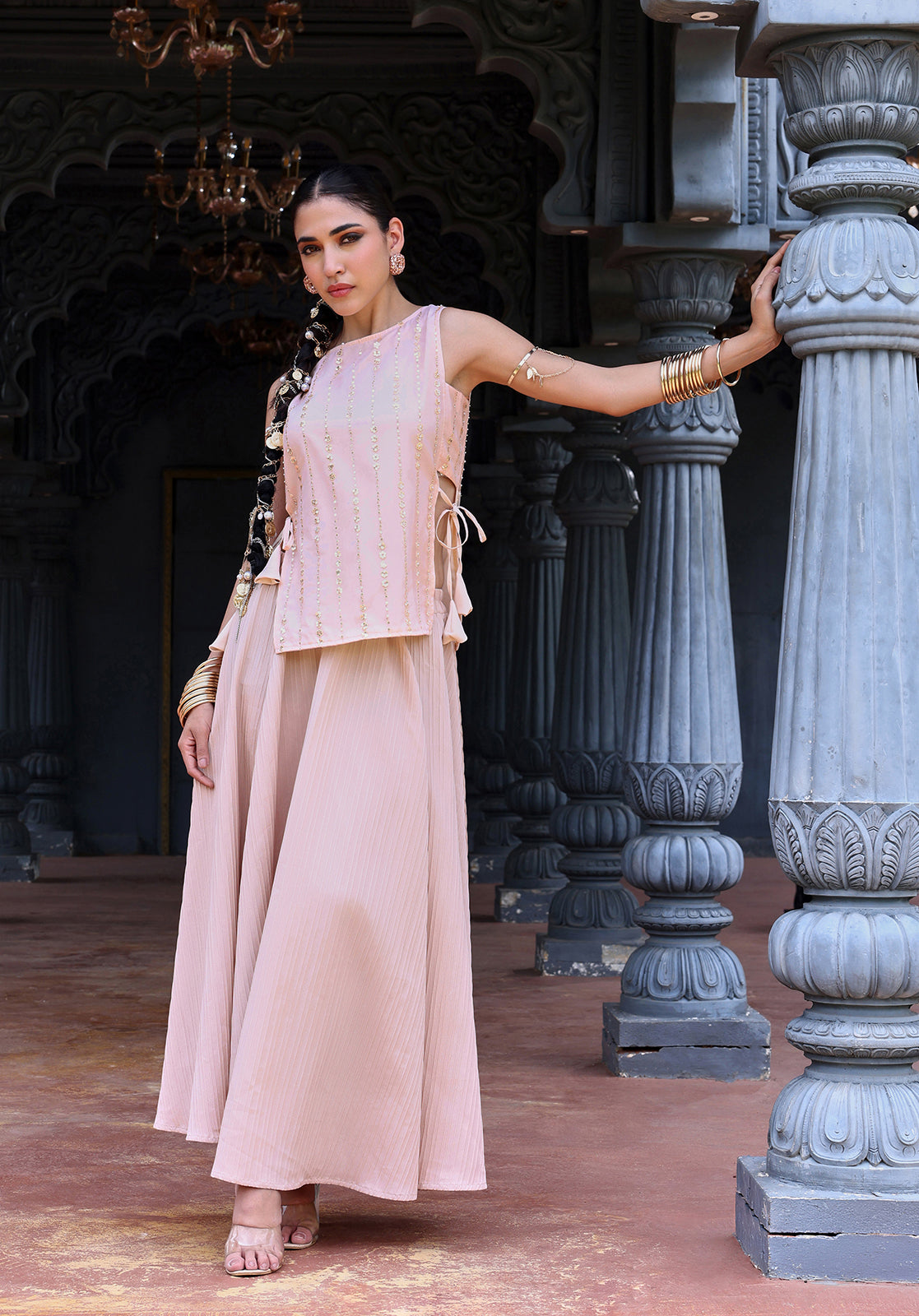 Peach Poly Georgette Top & Skirt Set