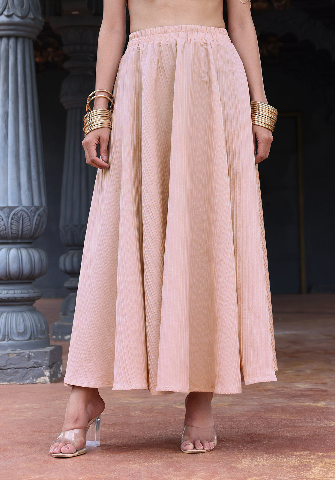 Peach Poly Georgette Top & Skirt Set
