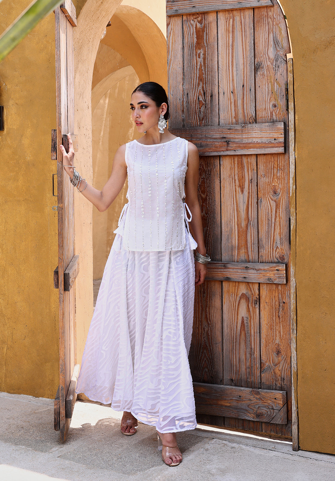 White Poly Georgette Top & Skirt Set