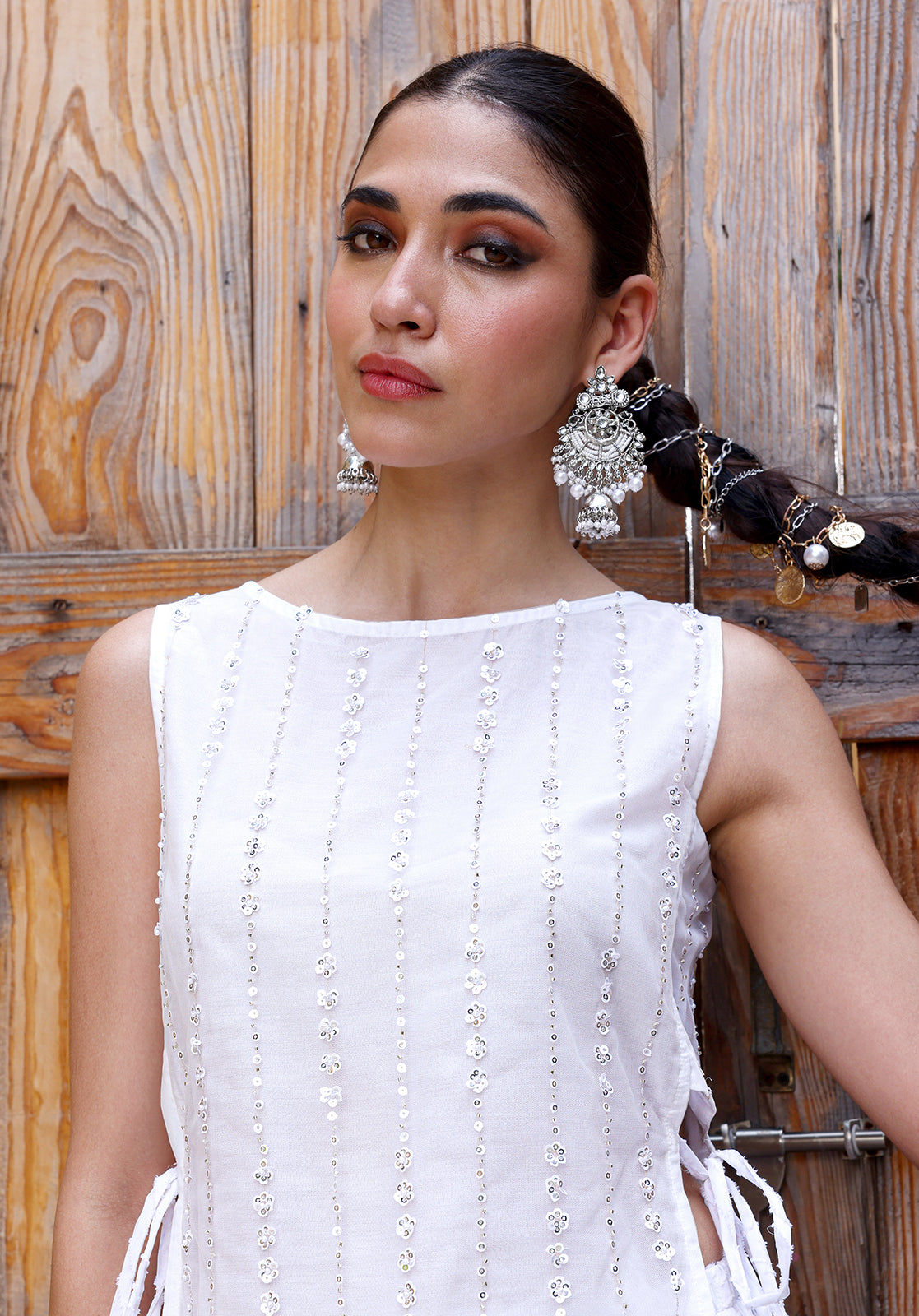 White Poly Georgette Top & Skirt Set