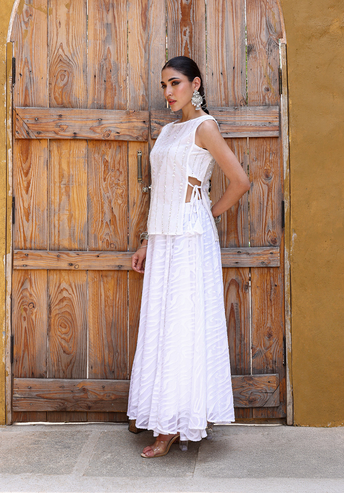 White Poly Georgette Top & Skirt Set